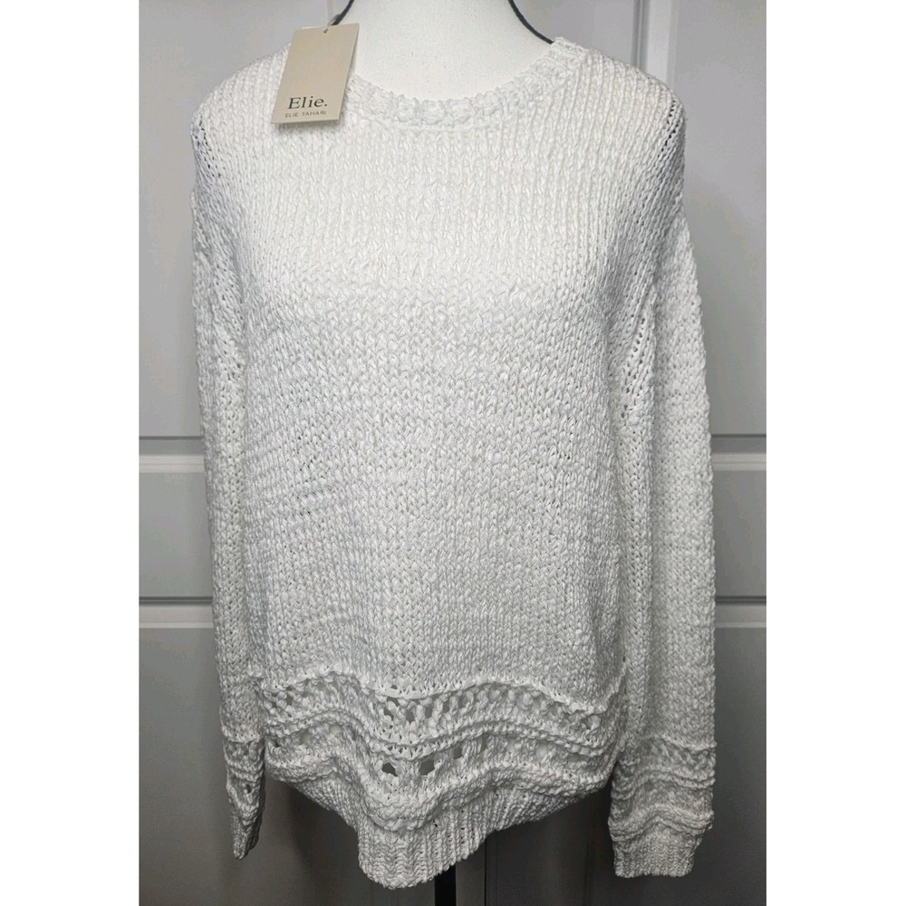 Elie By Elie Tahari Open Knit Womens Sweater Size XL White Pullover Coastal Chic